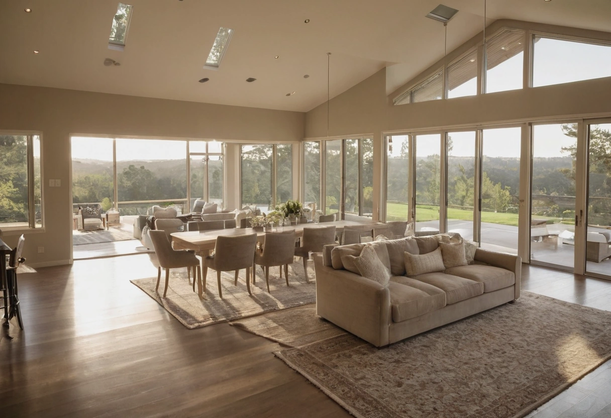 Open plan great room where the kitchen, dining table and sofa share one space