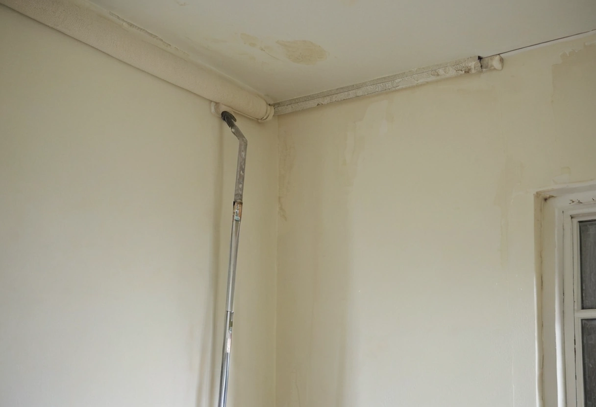 Roller on an extension pole against a partly painted wall corner in raking light