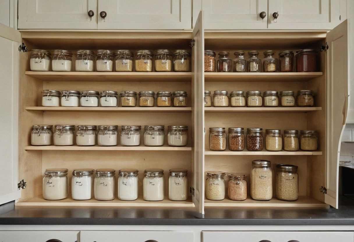 Shallow pantry cabinet with every item visible in a single row on each shelf