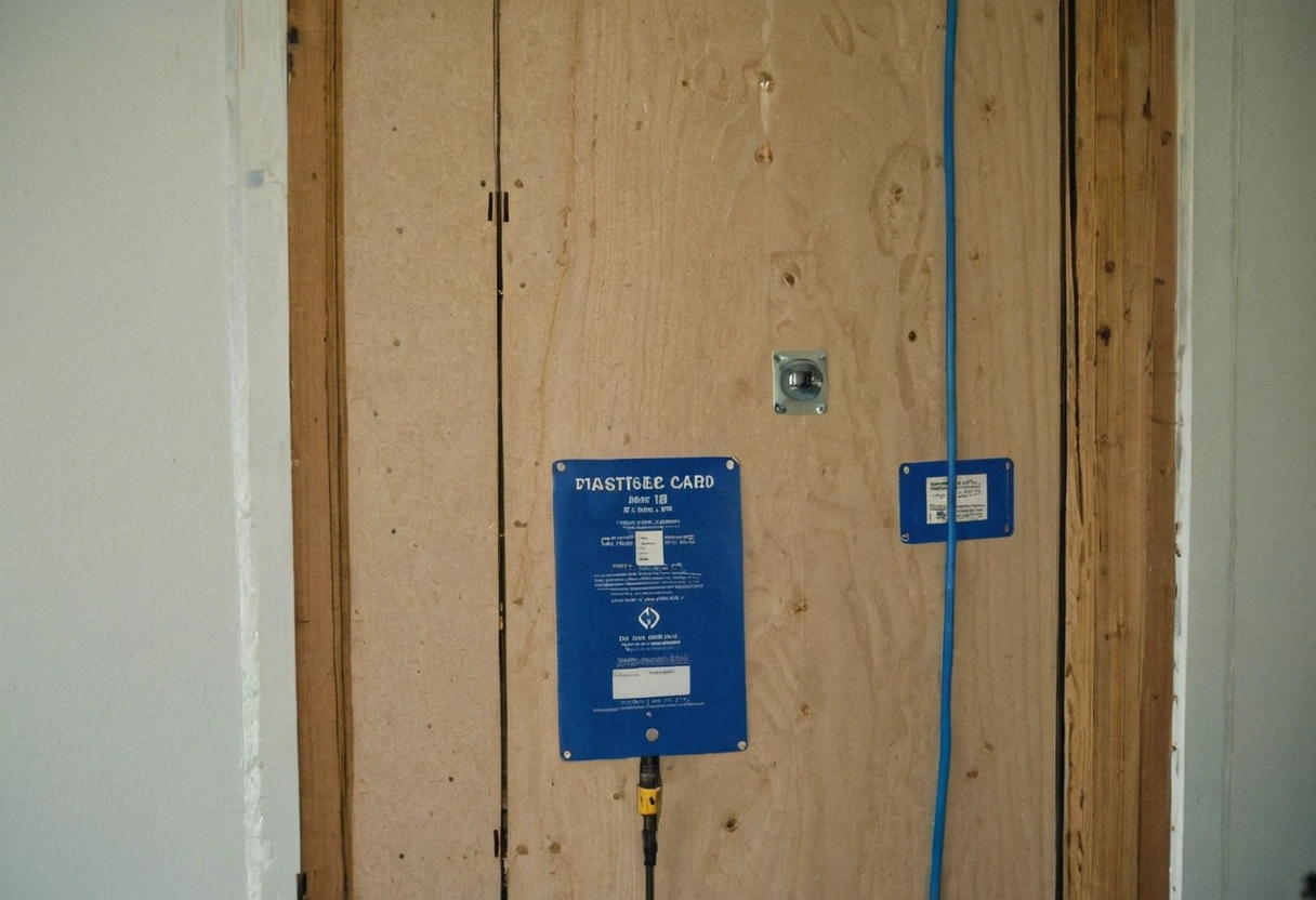 Open stud wall at rough-in with new wiring, plumbing and a permit card by the door