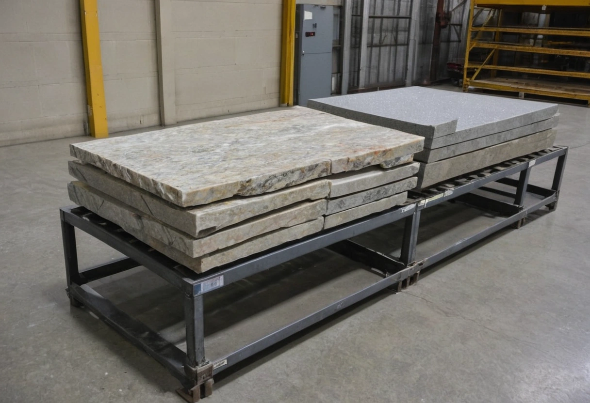 Three countertop slab samples leaning against a wall in a stone yard