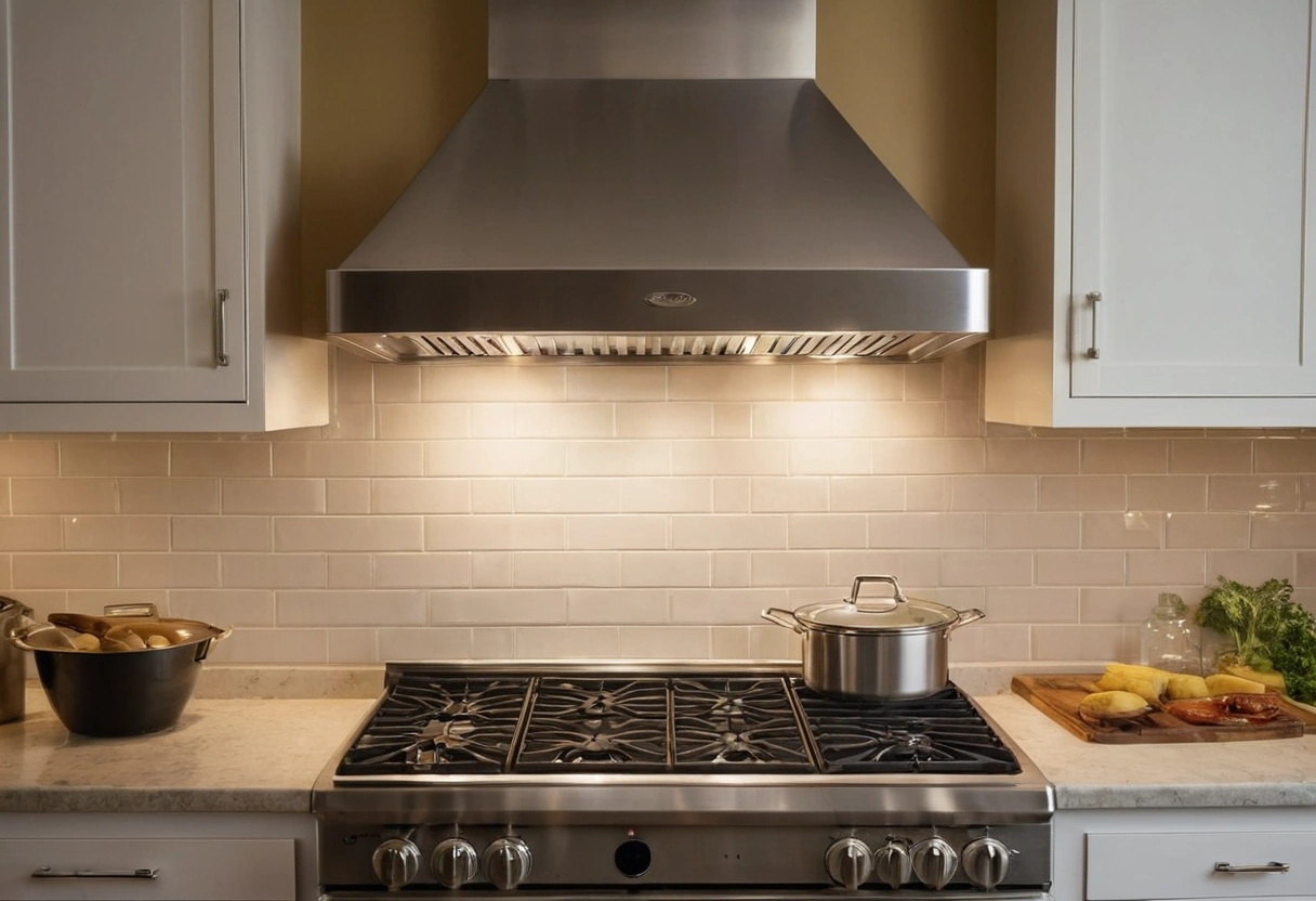 Stainless range hood over a gas range with a pot steaming on a rear burner