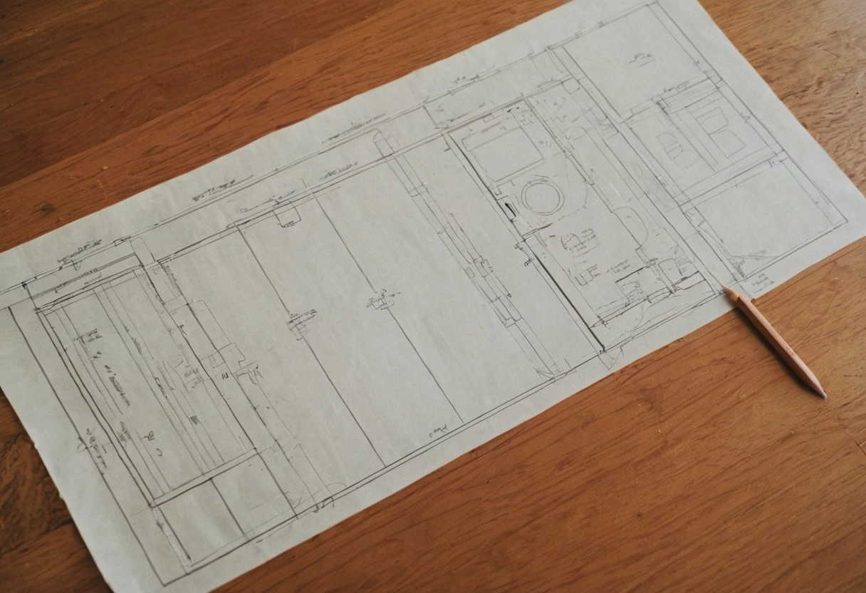 Remodel floor plan on a table with a scale rule and pencil marks on door swings