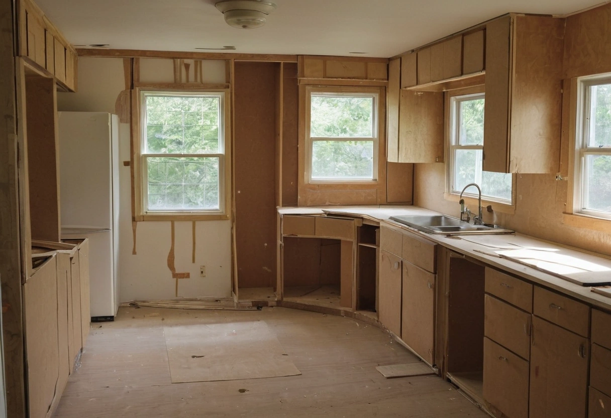 Kitchen stripped back mid-remodel with old cabinets in place and the floor pulled up