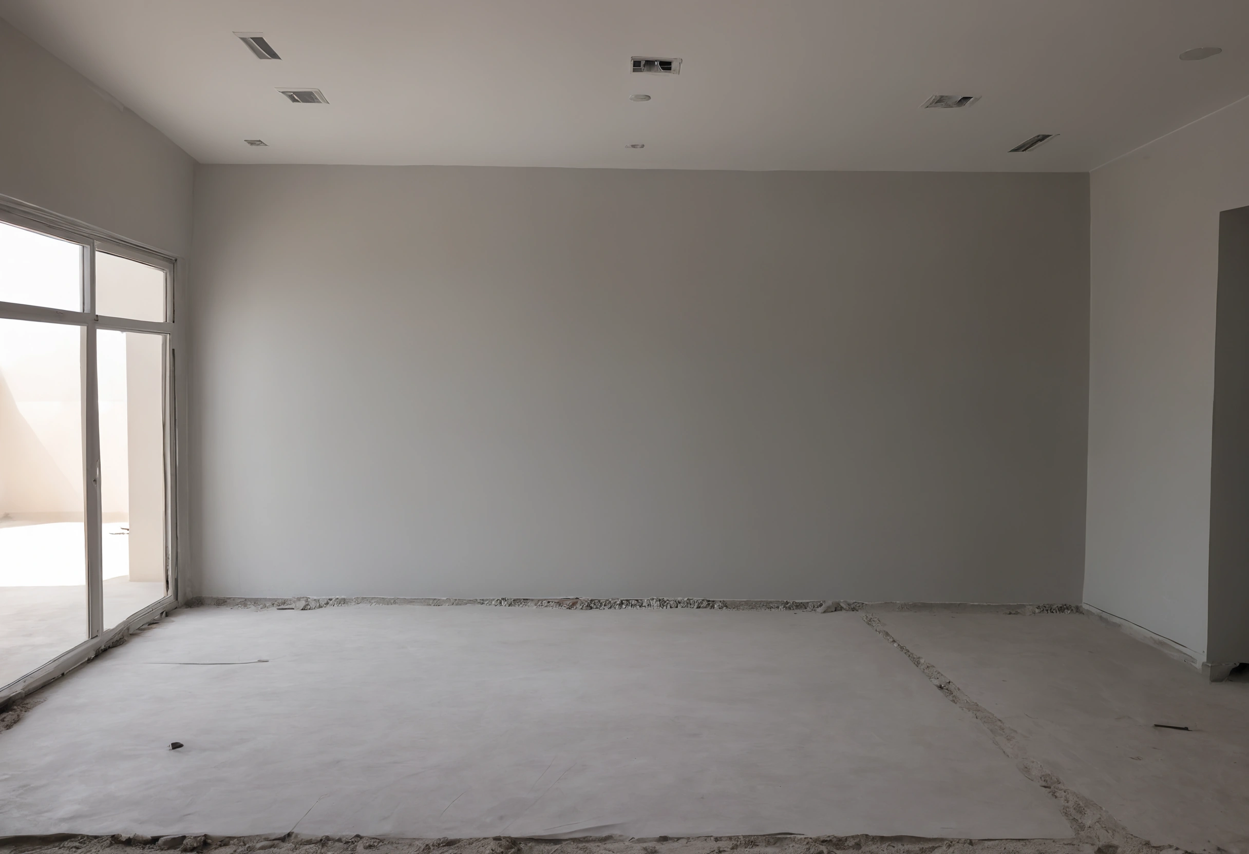 Ground-floor room of a villa under renovation, the new floor covered with protective sheeting and the walls freshly plastered