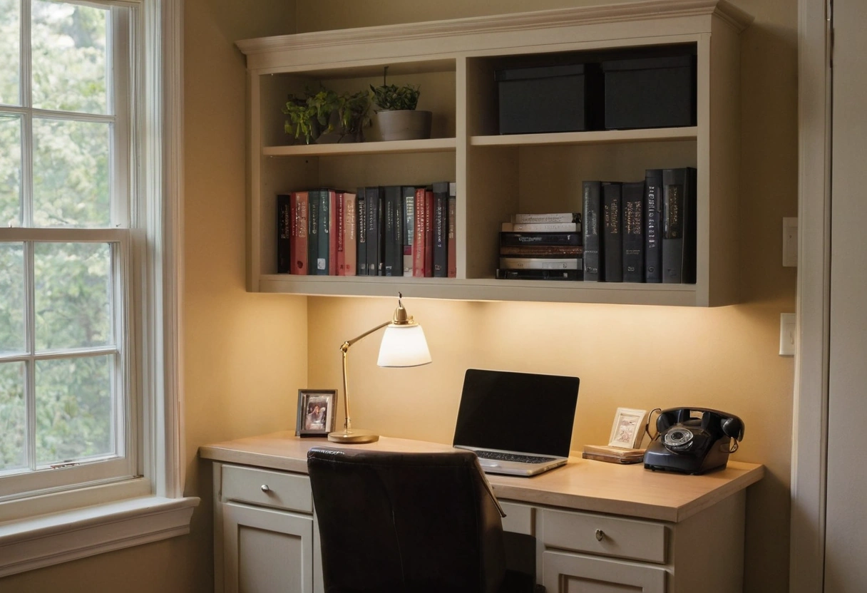 Home office with the desk against a solid wall and a window to the side