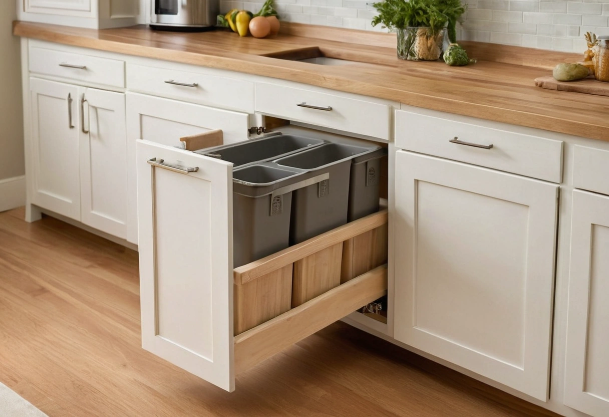 Open trash pull-out beside a kitchen sink with prep scraps on the counter above