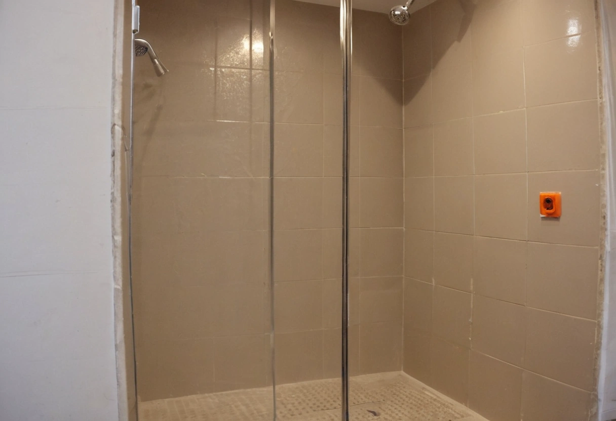Tiled shower enclosure with glass doors and a low tiled threshold